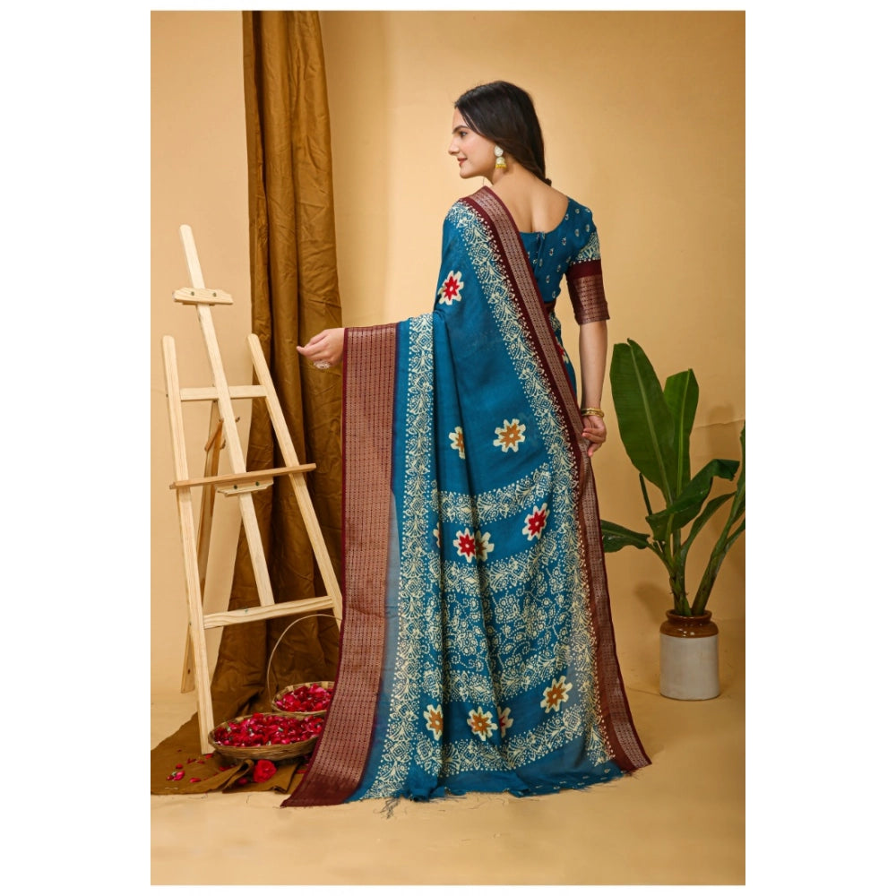 Women's Soft Blooming Marshmallow Fabric Kalamkari Printed Saree With Unstitched Blouse 5.5Mtr (Blue)