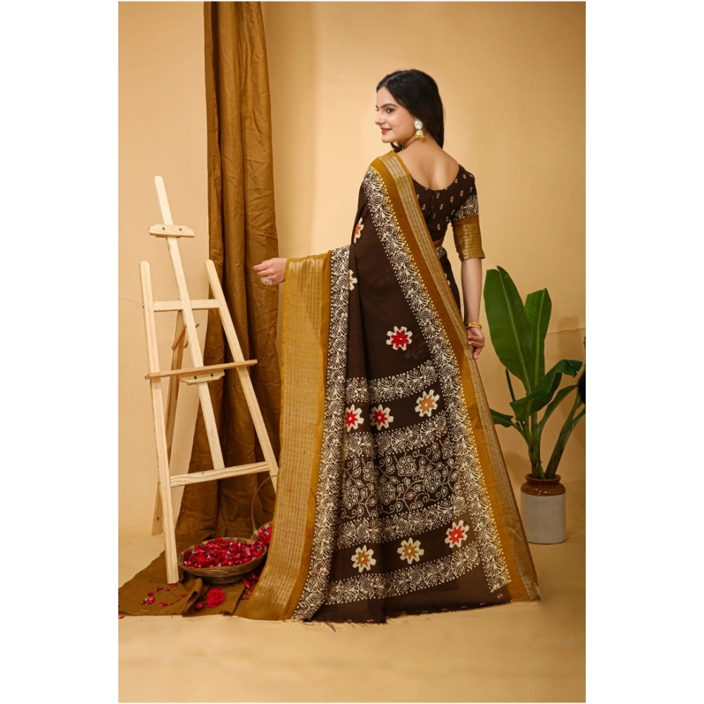 Women's Soft Blooming Marshmallow Fabric Kalamkari Printed Saree With Unstitched Blouse 5.5Mtr (Brown)