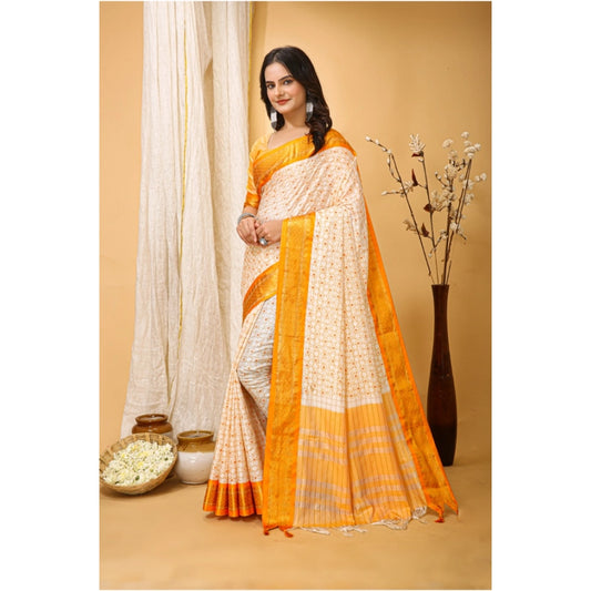 Women's Soft Cotton Silk Printed Saree With Unstitched Blouse 5.5Mtr (Yellow)