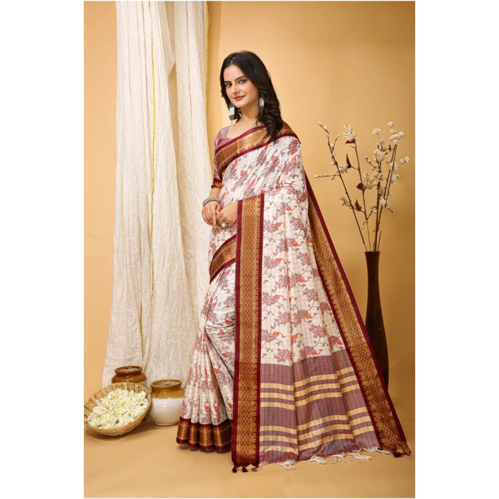 Generic Women's Soft Cotton Silk Printed Saree With Unstitched Blouse 5.5Mtr (Maroon)