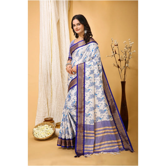 Generic Women's Soft Cotton Silk Printed Saree With Unstitched Blouse 5.5Mtr (Purple)