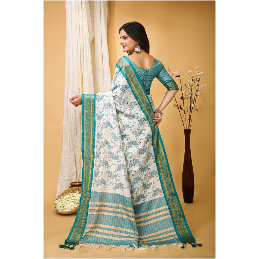 Generic Women's Soft Cotton Silk Printed Saree With Unstitched Blouse 5.5Mtr (Turquoise)