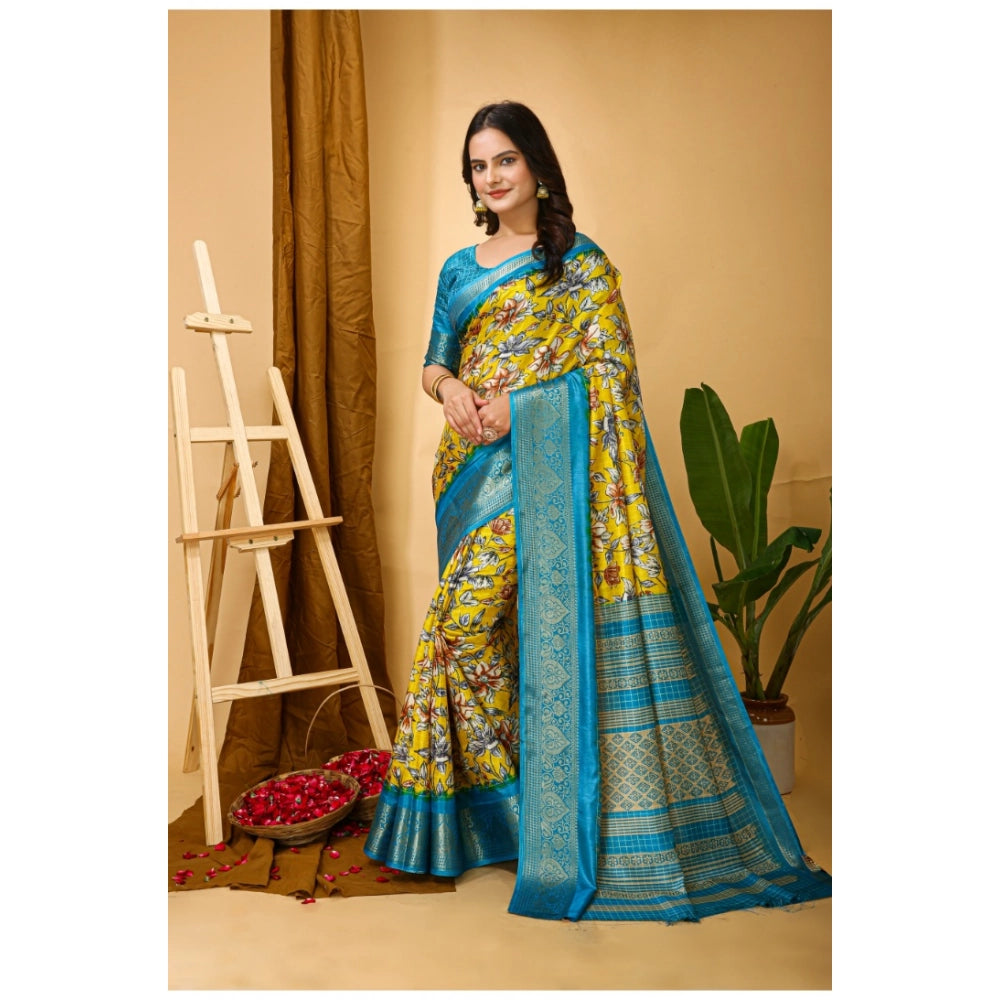 Women's Soft Dola Cotton Kalamkari Printed Saree With Unstitched Blouse 5.5Mtr (Yellow)