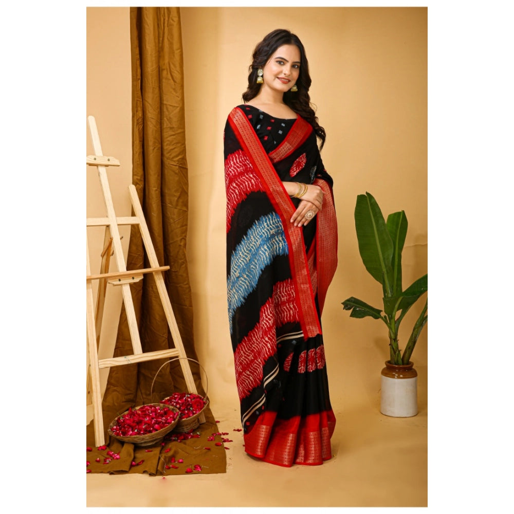 Women's Soft Blooming Marshmallow Fabric Kalamkari Printed Saree With Unstitched Blouse 5.5Mtr (Black)