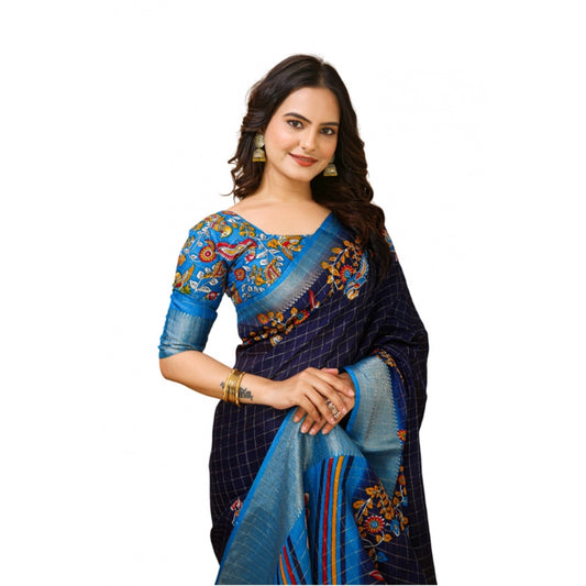 Women's Soft Dola Cotton Kalamkari Printed Saree With Unstitched Blouse 5.5Mtr (Navy Blue)