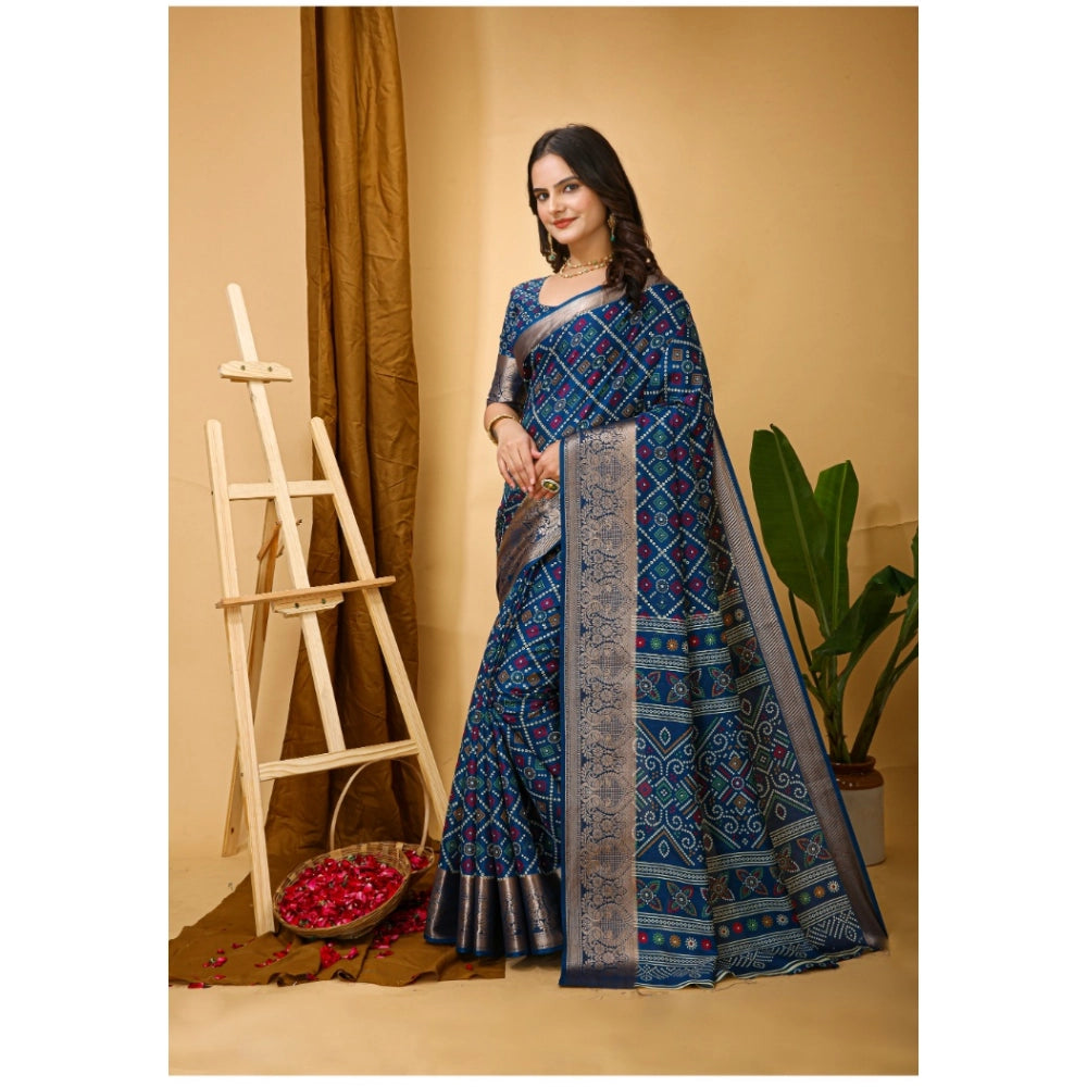 Women's Soft Dola Cotton Kalamkari Printed Saree With Unstitched Blouse 5.5Mtr (Blue)