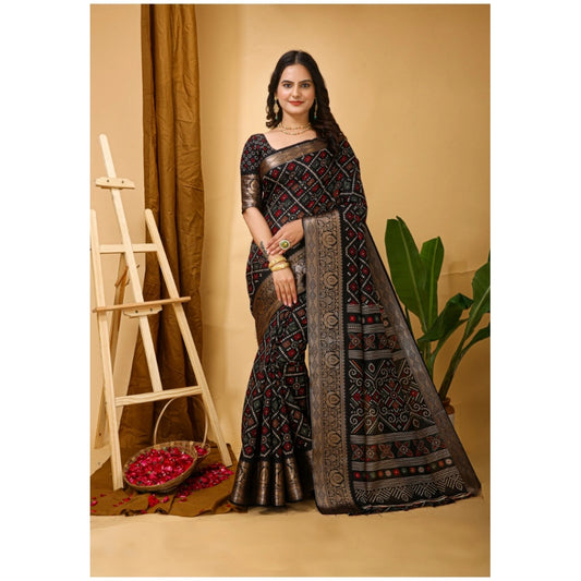 Women's Soft Dola Cotton Kalamkari Printed Saree With Unstitched Blouse 5.5Mtr (Black)