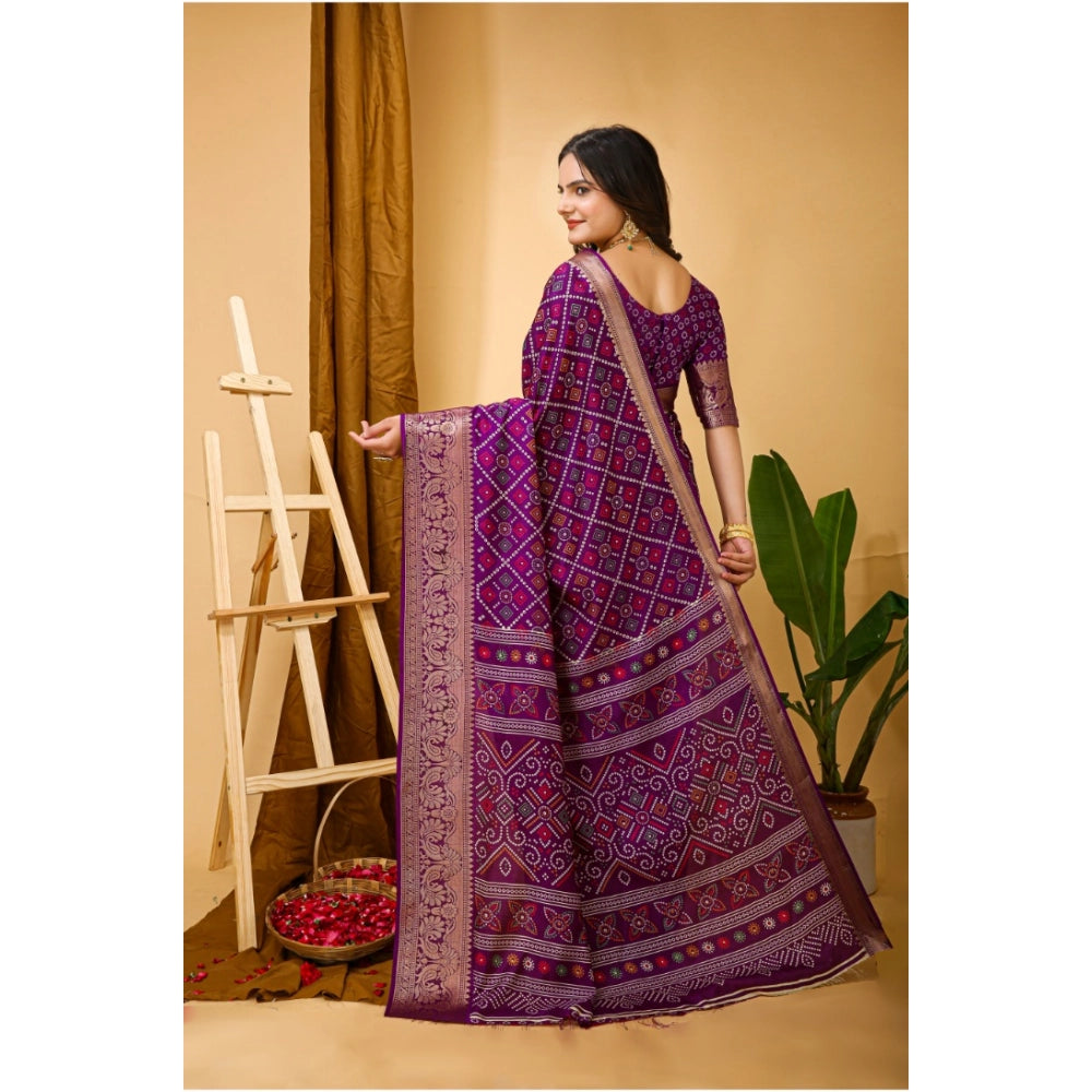 Women's Soft Dola Cotton Kalamkari Printed Saree With Unstitched Blouse 5.5Mtr (Purple)