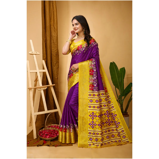 Women's Soft Dola Cotton Kalamkari Printed Saree With Unstitched Blouse 5.5Mtr (Purple)