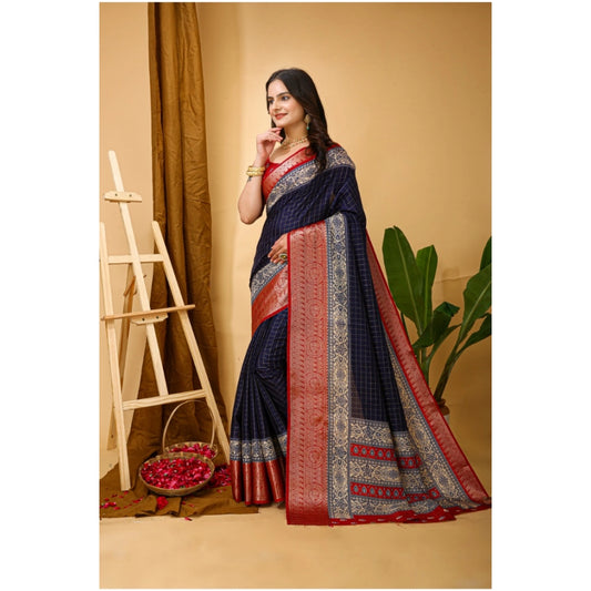 Women's Soft Dola Cotton Kalamkari Printed Saree With Unstitched Blouse 5.5Mtr (Navy Blue)