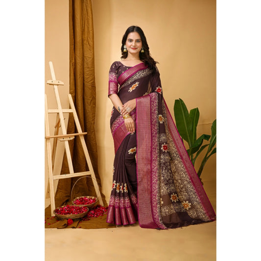 Women's Soft Blooming Marshmallow Fabric Kalamkari Printed Saree With Unstitched Blouse 5.5Mtr (Maroon)