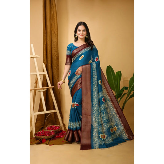 Women's Soft Blooming Marshmallow Fabric Kalamkari Printed Saree With Unstitched Blouse 5.5Mtr (Blue)