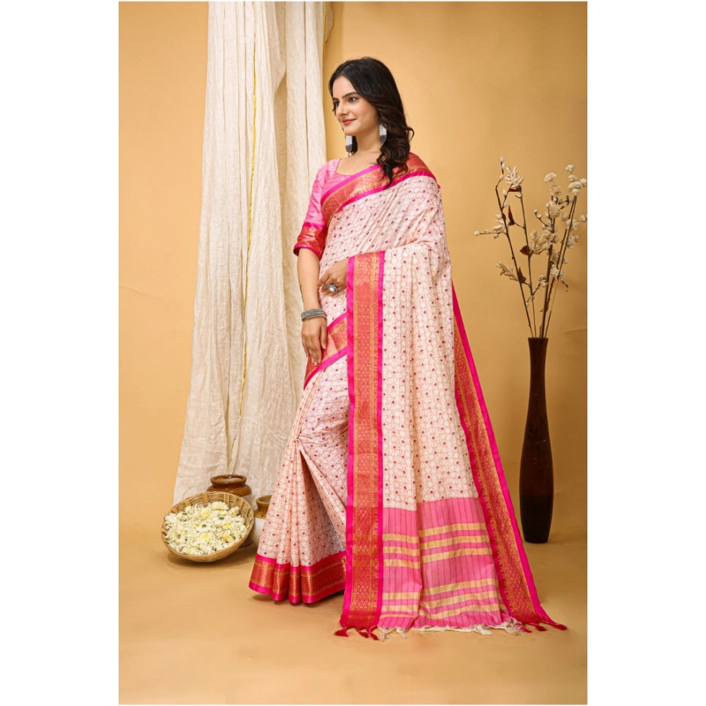 Women's Soft Cotton Silk Printed Saree With Unstitched Blouse 5.5Mtr (Pink)