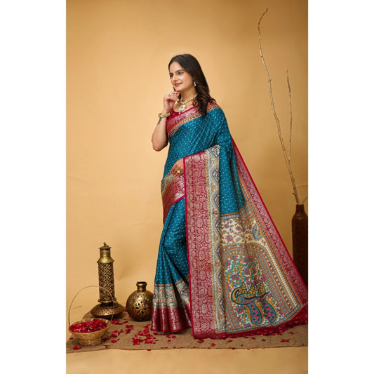 Women's Soft Dola Cotton Kalamkari Printed Saree With Unstitched Blouse 5.5Mtr (Sky Blue)