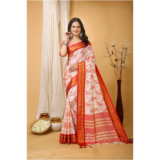 Generic Women's Soft Cotton Silk Printed Saree With Unstitched Blouse 5.5Mtr (Red)