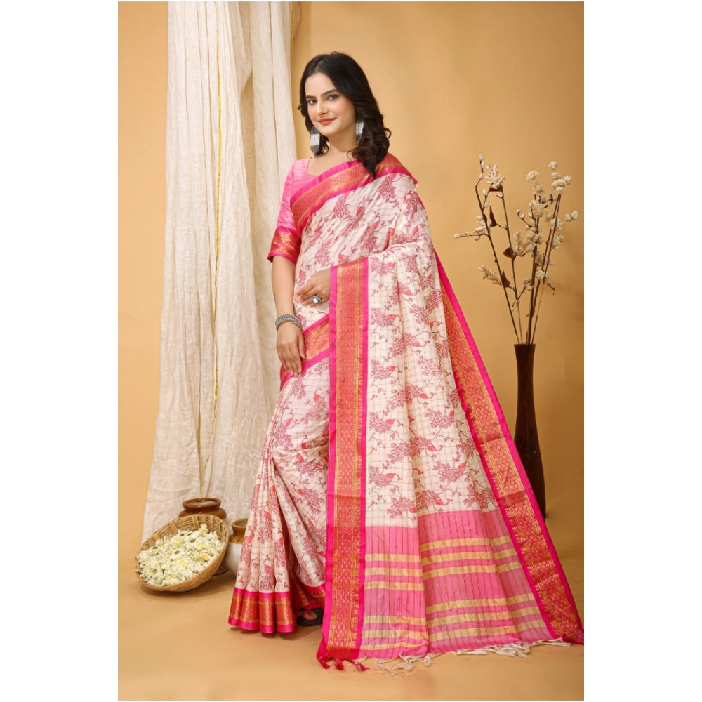 Generic Women's Soft Cotton Silk Printed Saree With Unstitched Blouse 5.5Mtr (Pink)