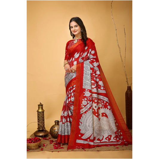 Generic Women's Soft Handloom Cotton Kalamkari Printed Saree With Unstitched Blouse 5.5Mtr (Red)