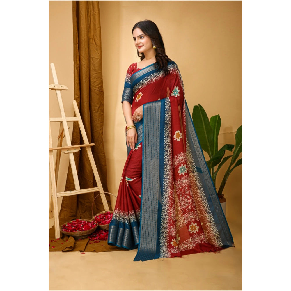 Women's Soft Blooming Marshmallow Fabric Kalamkari Printed Saree With Unstitched Blouse 5.5Mtr (Red)