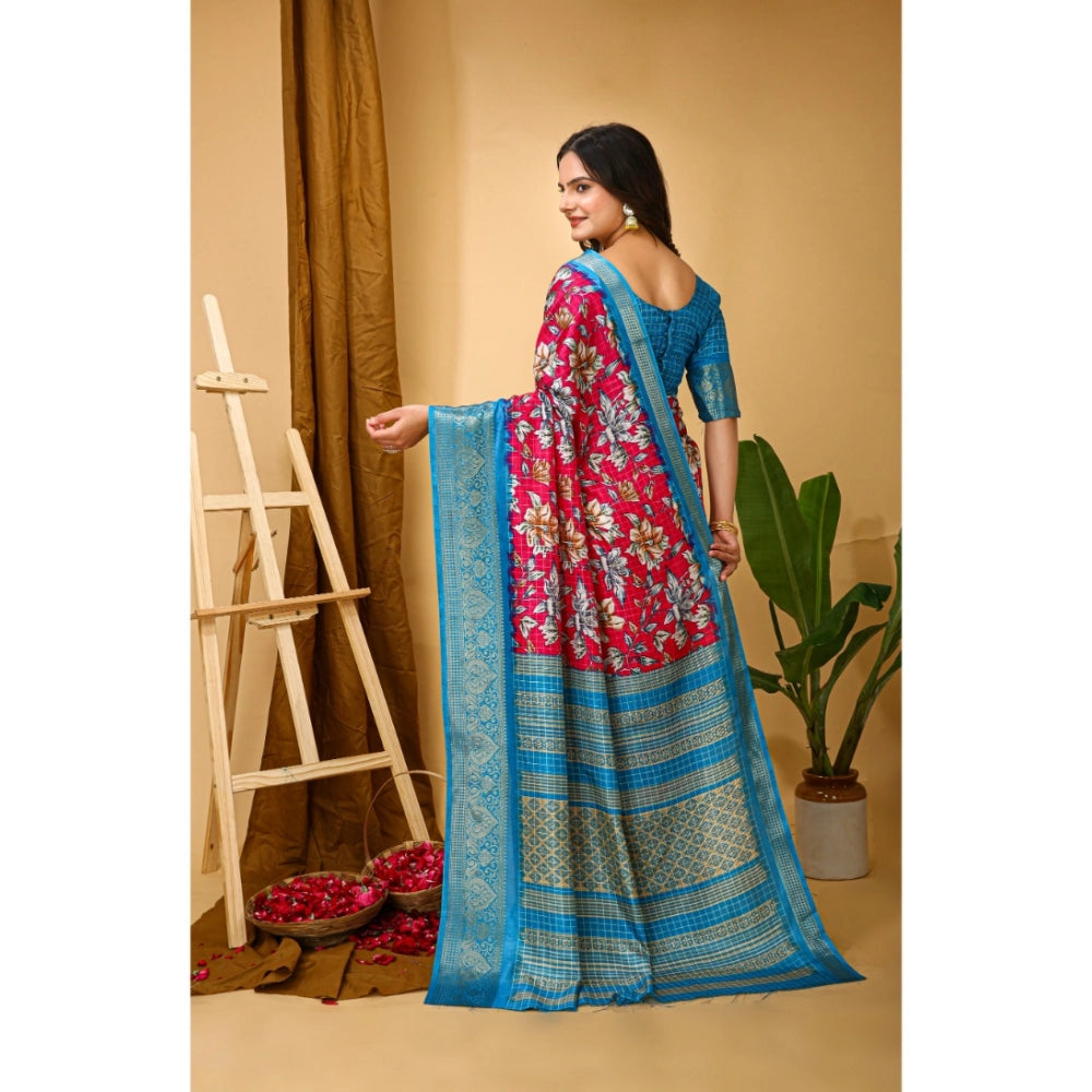 Women's Soft Dola Cotton Kalamkari Printed Saree With Unstitched Blouse 5.5Mtr (Pink)