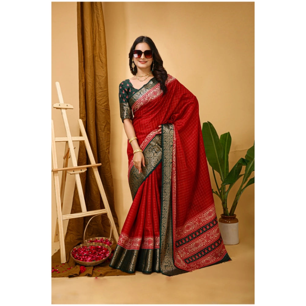 Women's Soft Dola Cotton Kalamkari Printed Saree With Unstitched Blouse 5.5Mtr (Red)