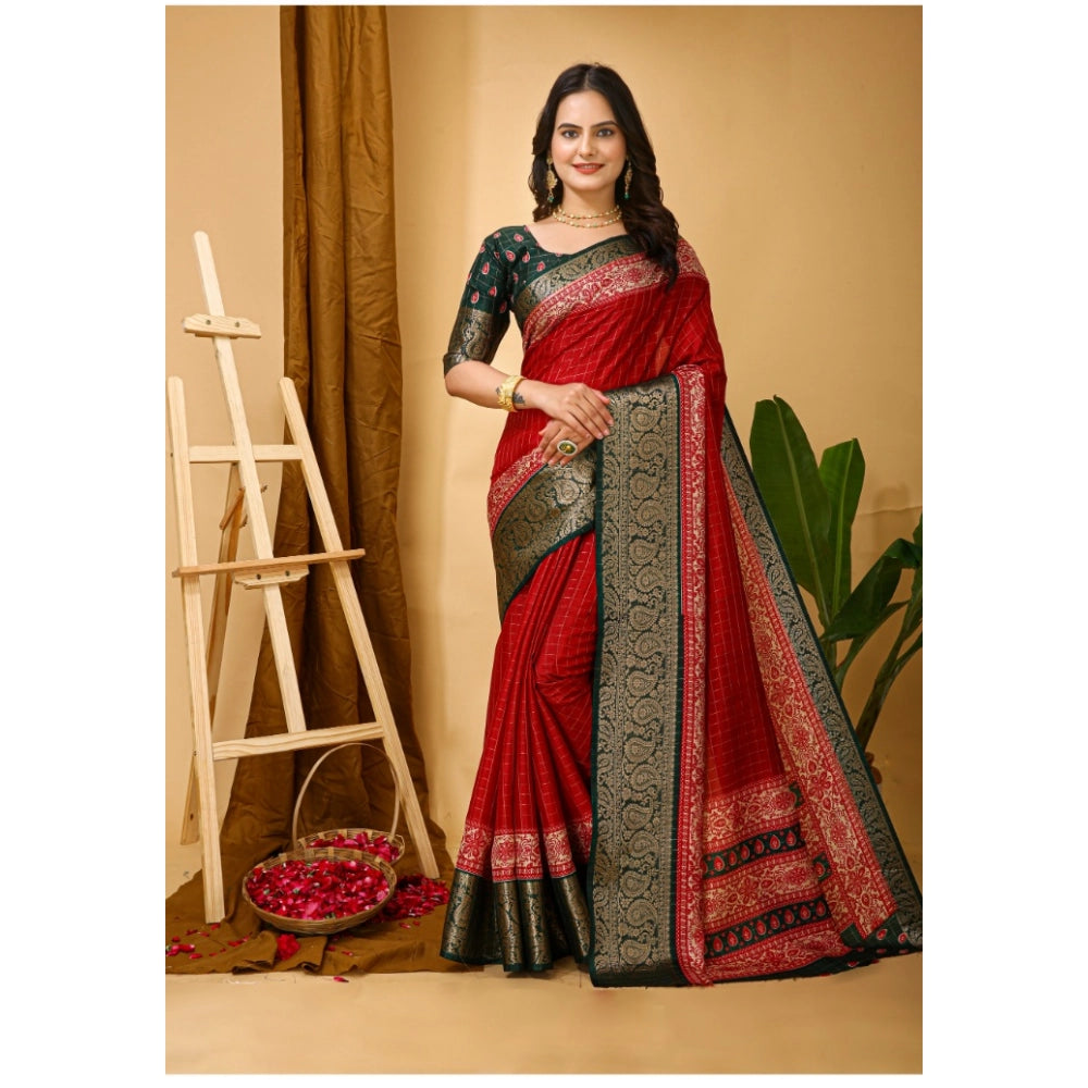 Women's Soft Dola Cotton Kalamkari Printed Saree With Unstitched Blouse 5.5Mtr (Red)