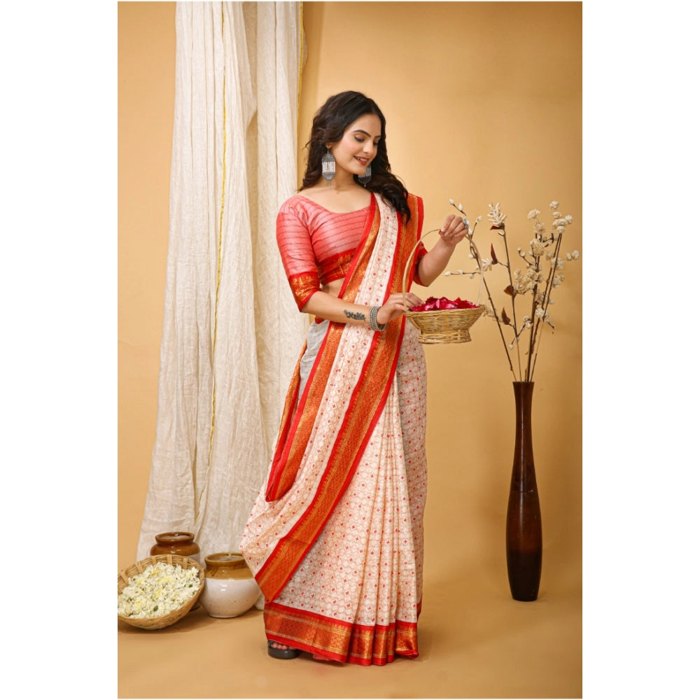 Women's Soft Cotton Silk Printed Saree With Unstitched Blouse 5.5Mtr (Red)