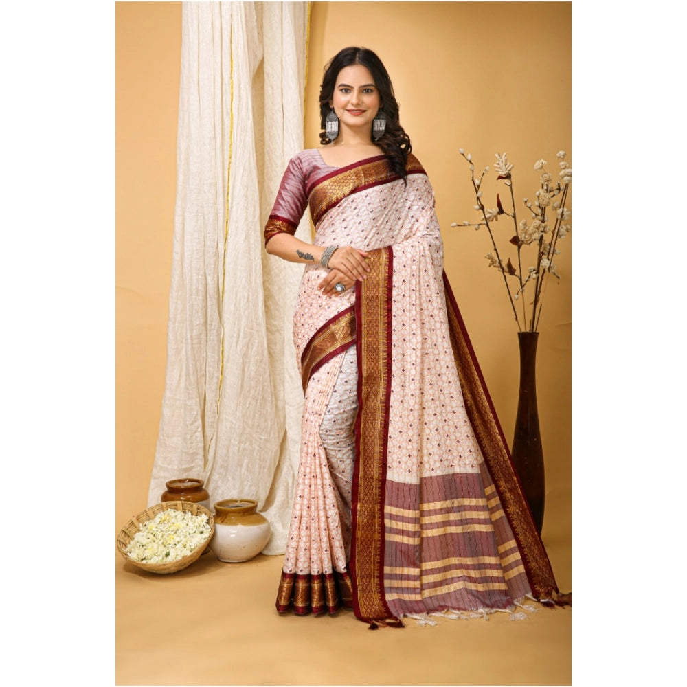 Women's Soft Cotton Silk Printed Saree With Unstitched Blouse 5.5Mtr (Maroon)