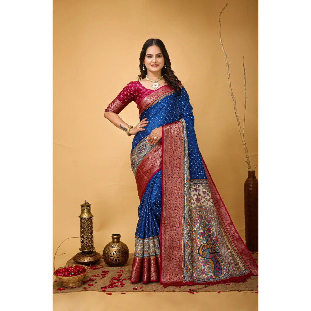 Women's Soft Dola Cotton Kalamkari Printed Saree With Unstitched Blouse 5.5Mtr (Blue)