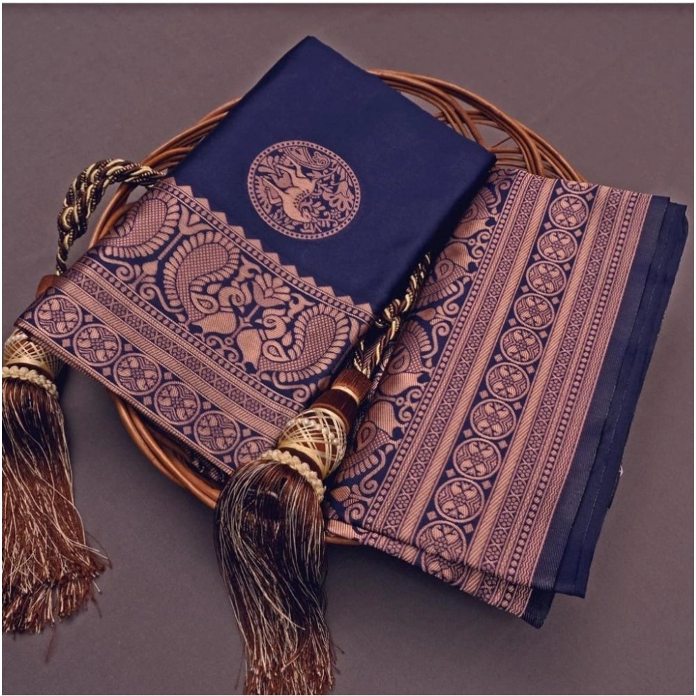 Generic Women's Soft Lichi Silk Printed Saree With Unstitched Blouse 5.5Mtr (Navy Blue)