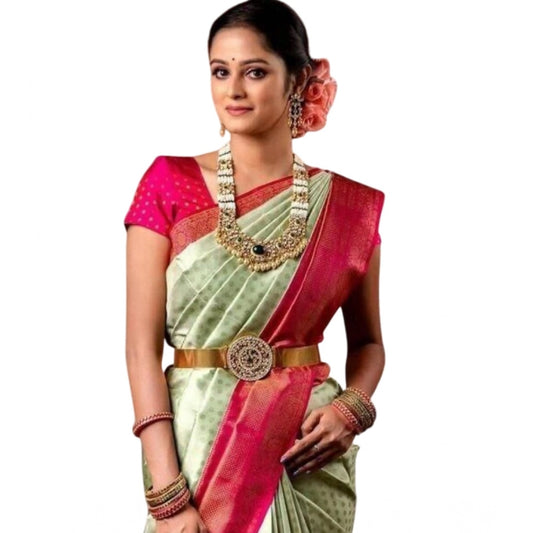 Generic Women's Soft Lichi Silk Printed Saree With Unstitched Blouse 5.5Mtr (Light Green)