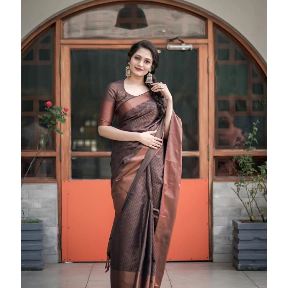 Generic Women's Soft Lichi Silk Printed Saree With Unstitched Blouse 5.5Mtr (Brown)