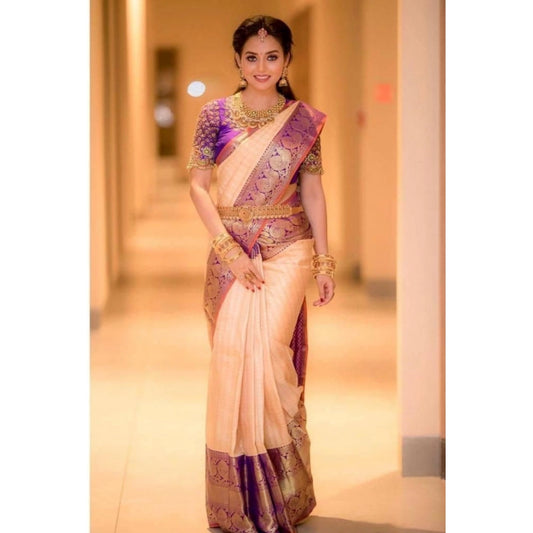 Generic Women's Soft Lichi Silk Printed Saree With Unstitched Blouse 5.5Mtr (Purple)