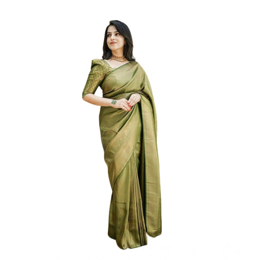 Generic Women's Soft Lichi Silk Printed Saree With Unstitched Blouse 5.5Mtr (Green)