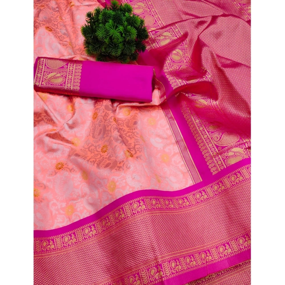 Generic Women's Soft Lichi Silk Printed Saree With Unstitched Blouse 5.5Mtr (Pink)