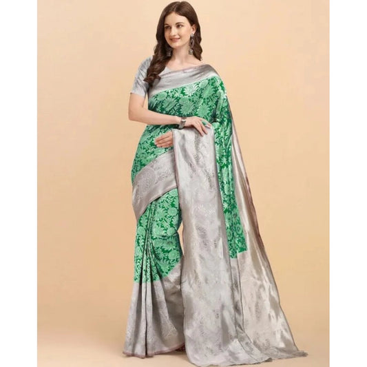 Generic Women's Soft Lichi Silk Printed Saree With Unstitched Blouse 5.5Mtr (Green)