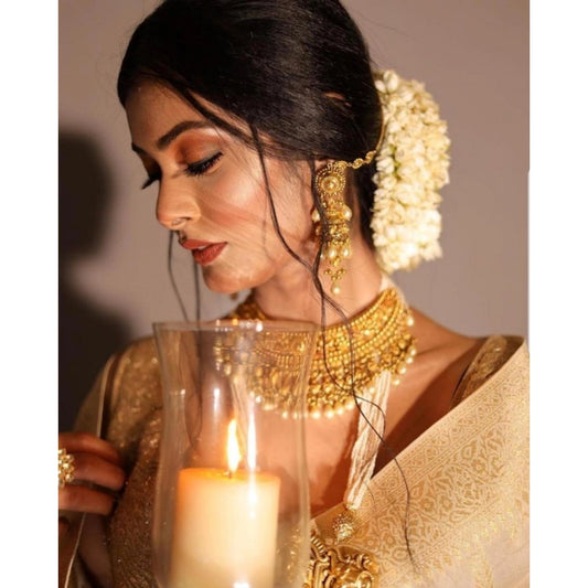 Generic Women's Soft Lichi Silk Printed Saree With Unstitched Blouse 5.5Mtr (Golden)