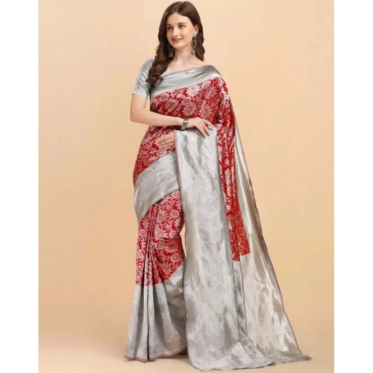 Generic Women's Soft Lichi Silk Printed Saree With Unstitched Blouse 5.5Mtr (Red)