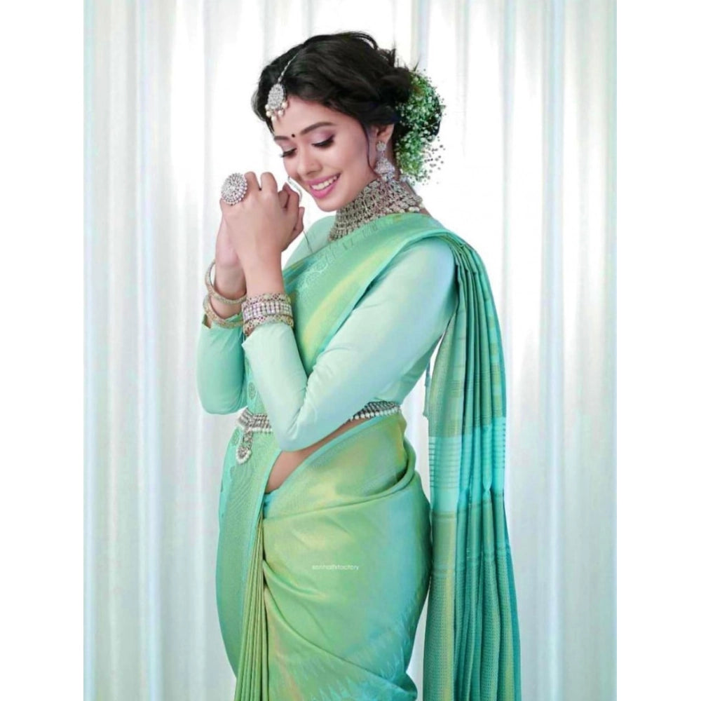 Generic Women's Soft Lichi Silk Printed Saree With Unstitched Blouse 5.5Mtr (Light Green)