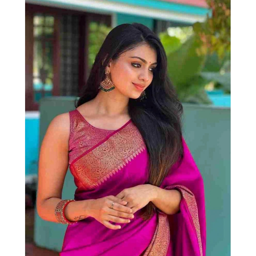 Generic Women's Soft Lichi Silk Solid Saree With Unstitched Blouse 5.5Mtr (Pink)