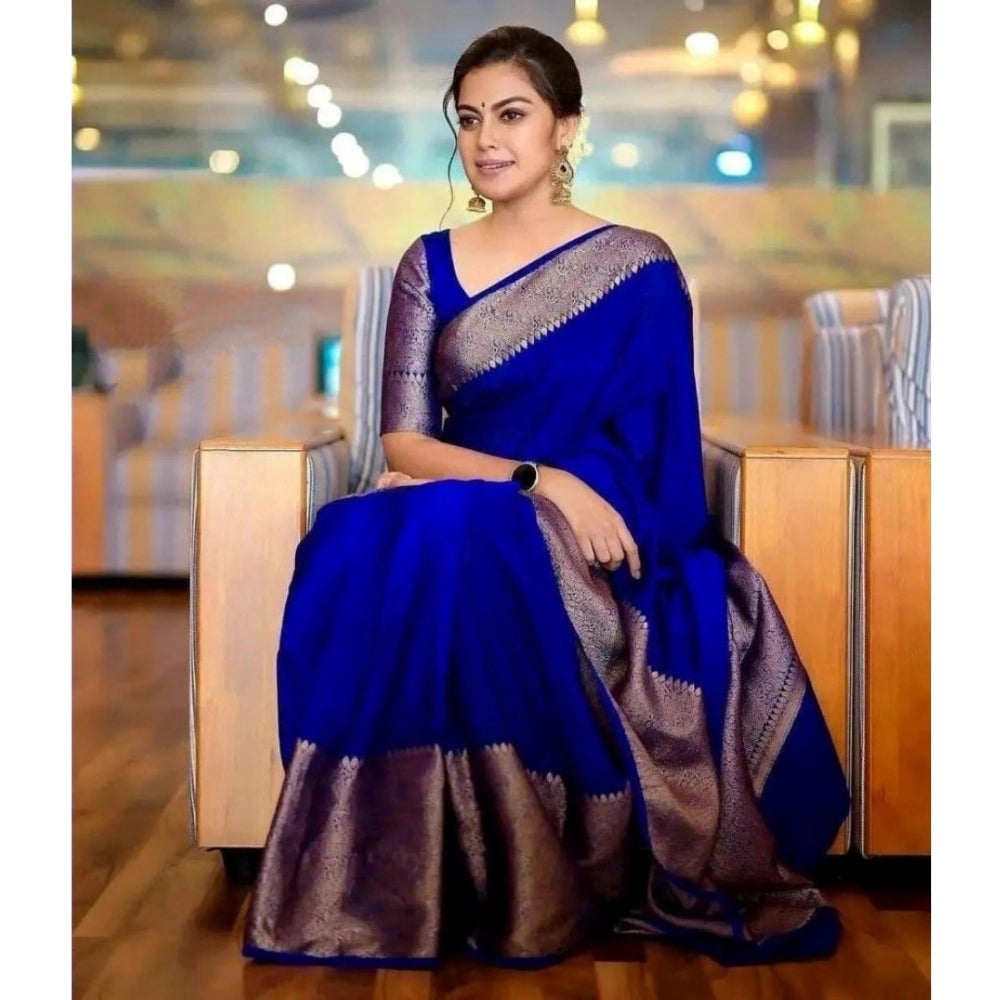 Generic Women's Soft Lichi Silk Solid Saree With Unstitched Blouse 5.5Mtr (Blue)