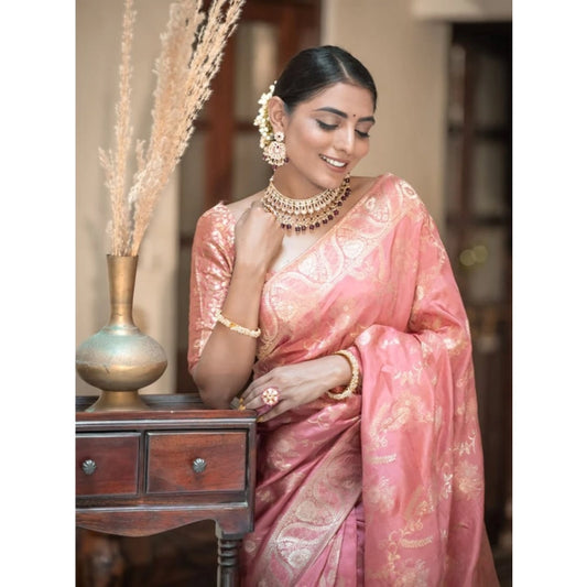 Generic Women's Art Silk Embellished Kanjivaram Saree With Unstitched Blouse (5.5Mtr, Peach)