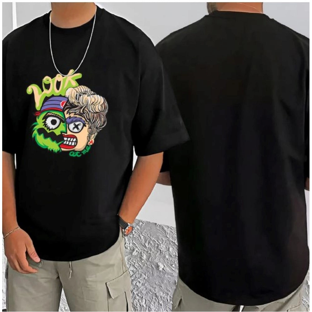 Generic Men's Casual Cotton Blend Printed Round Neck Half Sleeve T-Shirt (Black)