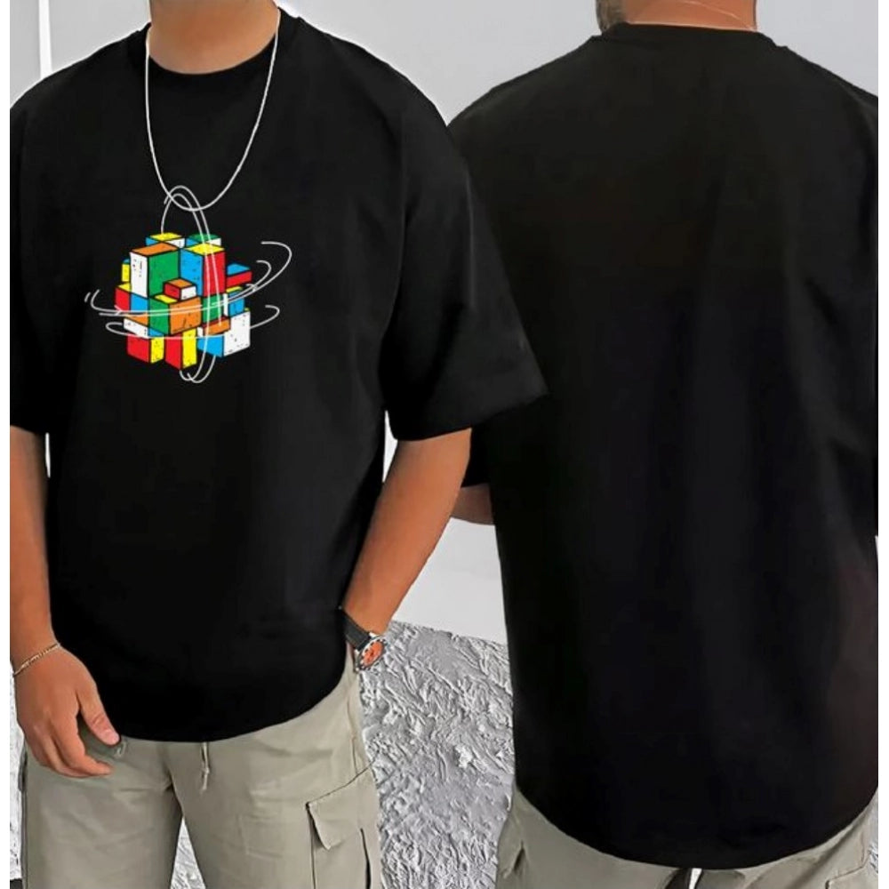 Generic Men's Casual Cotton Blend Printed Round Neck Half Sleeve T-Shirt (Black)