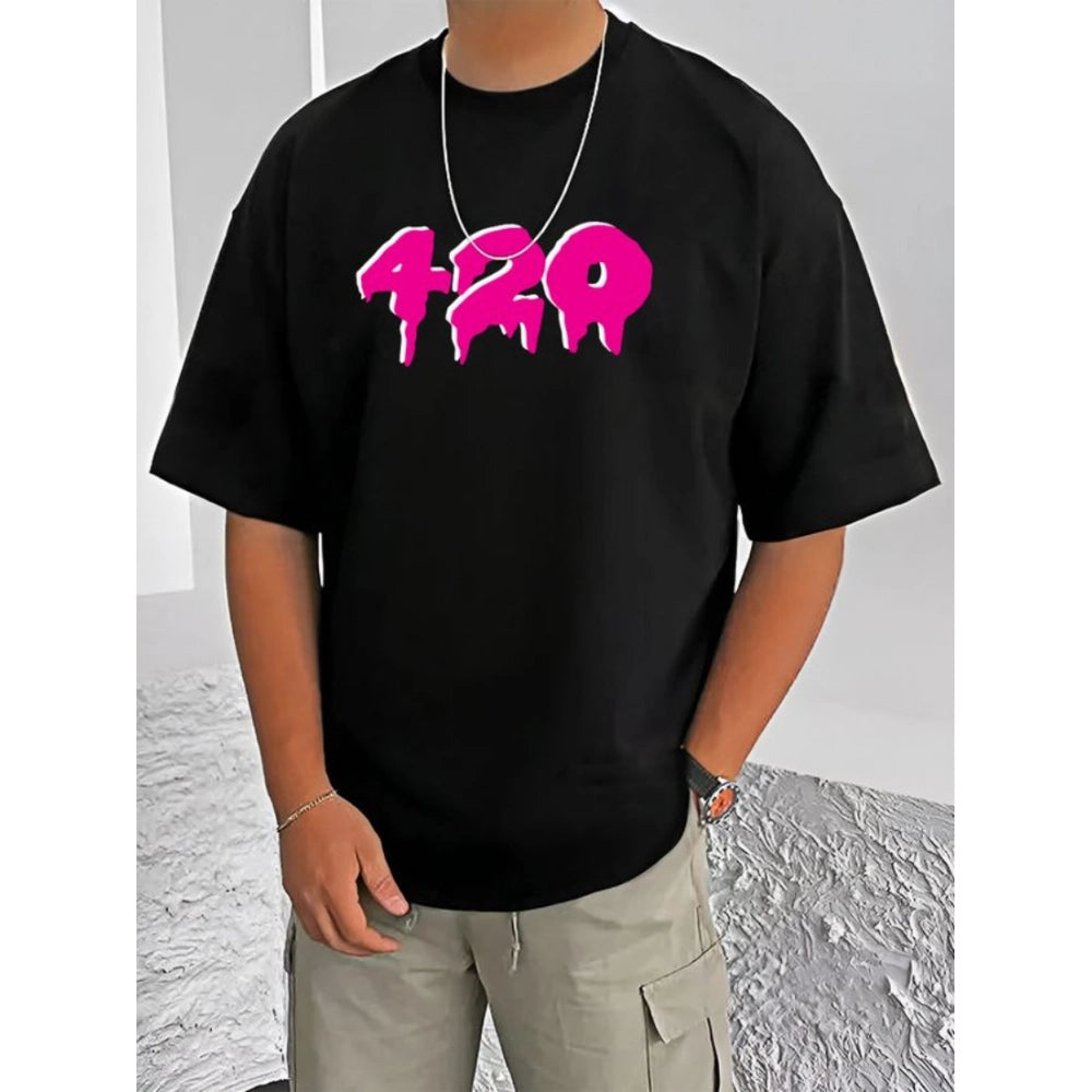 Generic Men's Casual Cotton Blend Printed Round Neck Half Sleeve T-Shirt (Black)