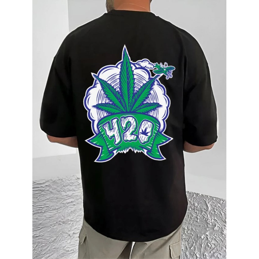 Generic Men's Casual Cotton Blend Printed Round Neck Half Sleeve T-Shirt (Black)