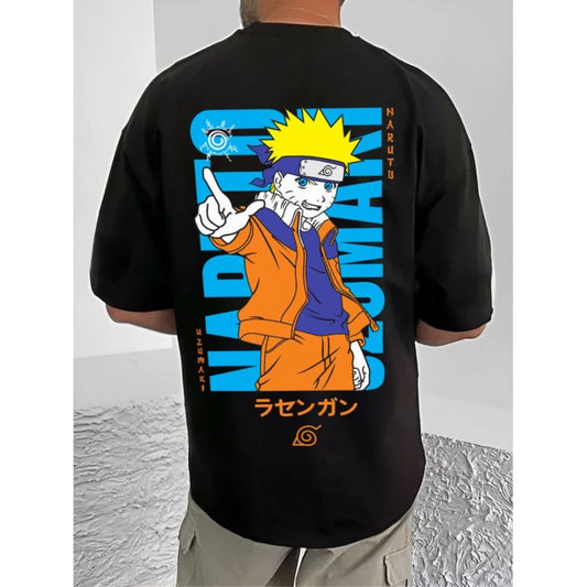 Generic Men's Casual Cotton Blend Printed Round Neck Half Sleeve T-Shirt (Black)