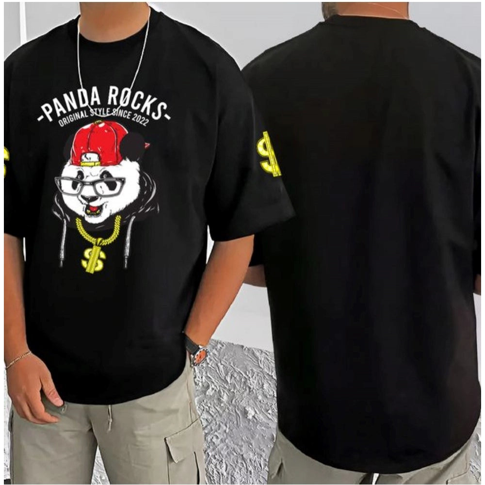 Generic Men's Casual Cotton Blend Printed Round Neck Half Sleeve T-Shirt (Black)