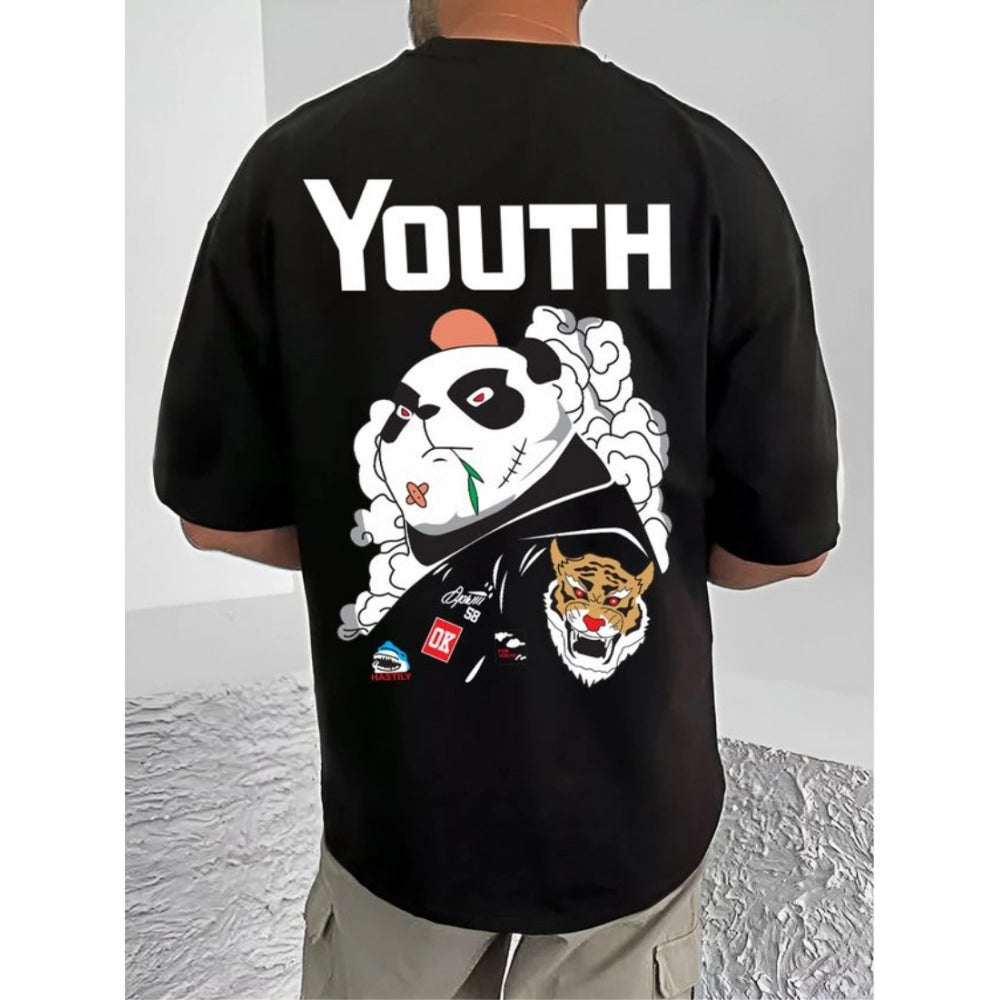 Generic Men's Casual Cotton Blend Printed Round Neck Half Sleeve T-Shirt (Black)