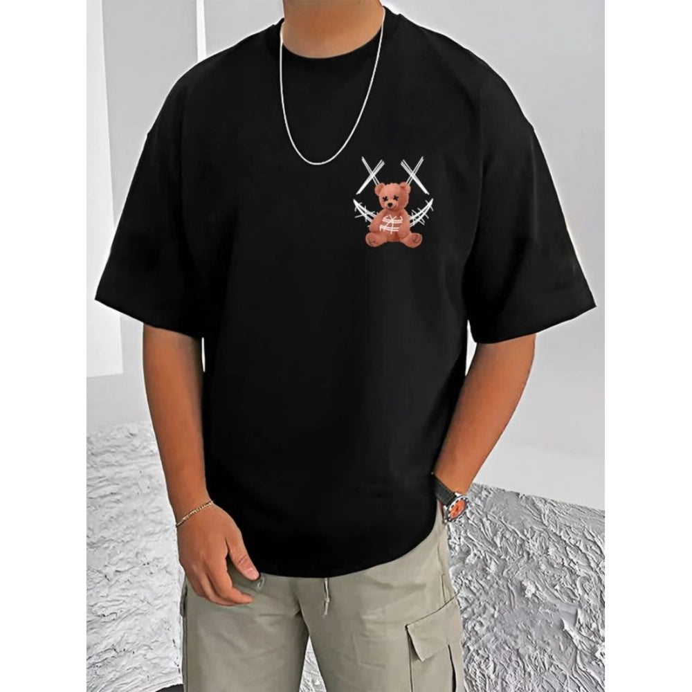 Generic Men's Casual Cotton Blend Printed Round Neck Half Sleeve T-Shirt (Black)