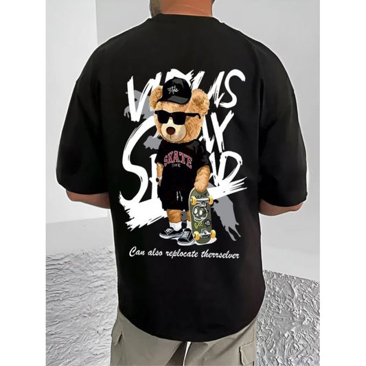 Generic Men's Casual Cotton Blend Printed Round Neck Half Sleeve T-Shirt (Black)